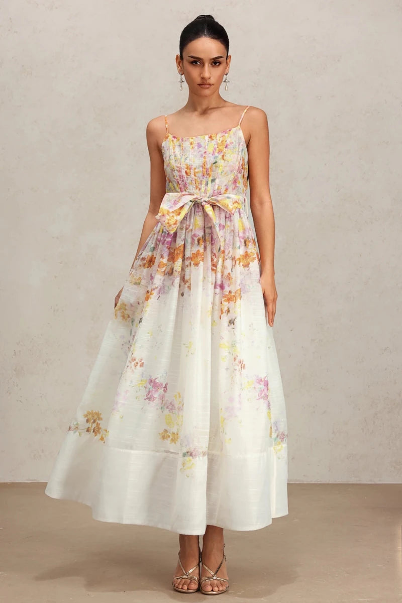Floral A-Line Midi Dress with Bow Waist and Adjustable Straps