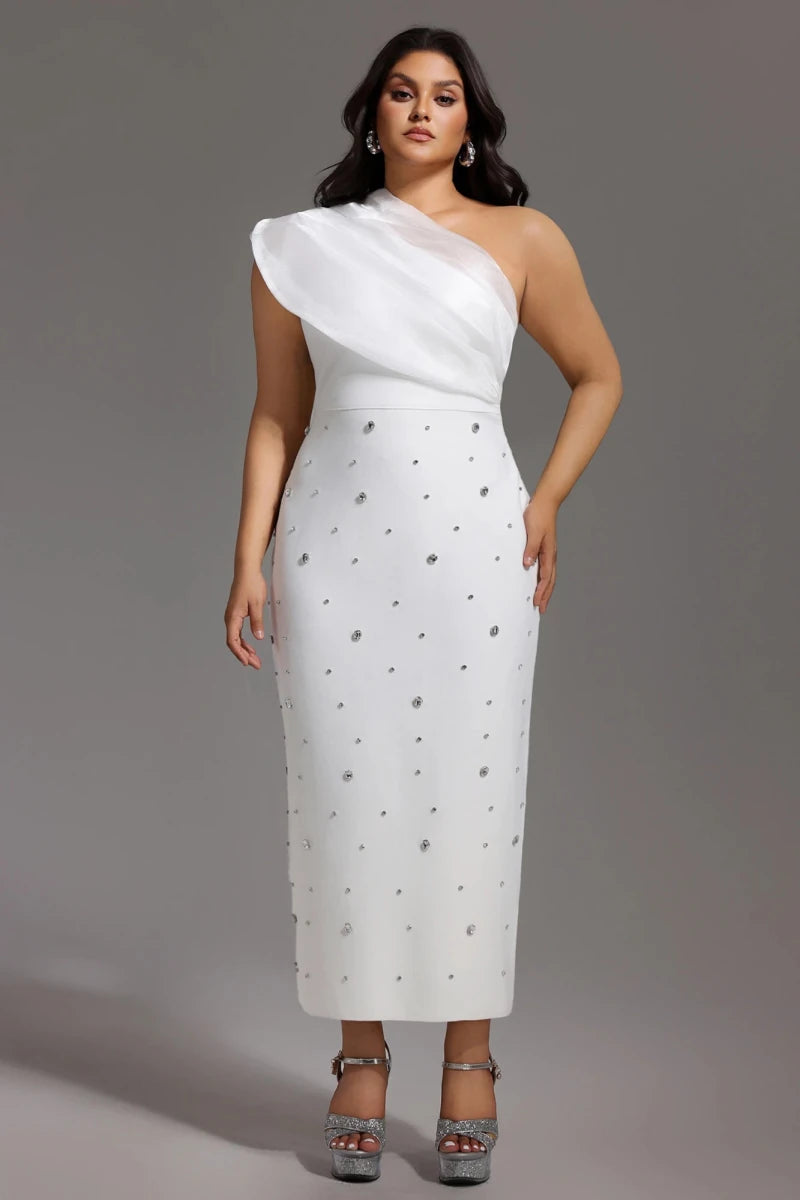 White One Shoulder Midi Dress with Embellishment