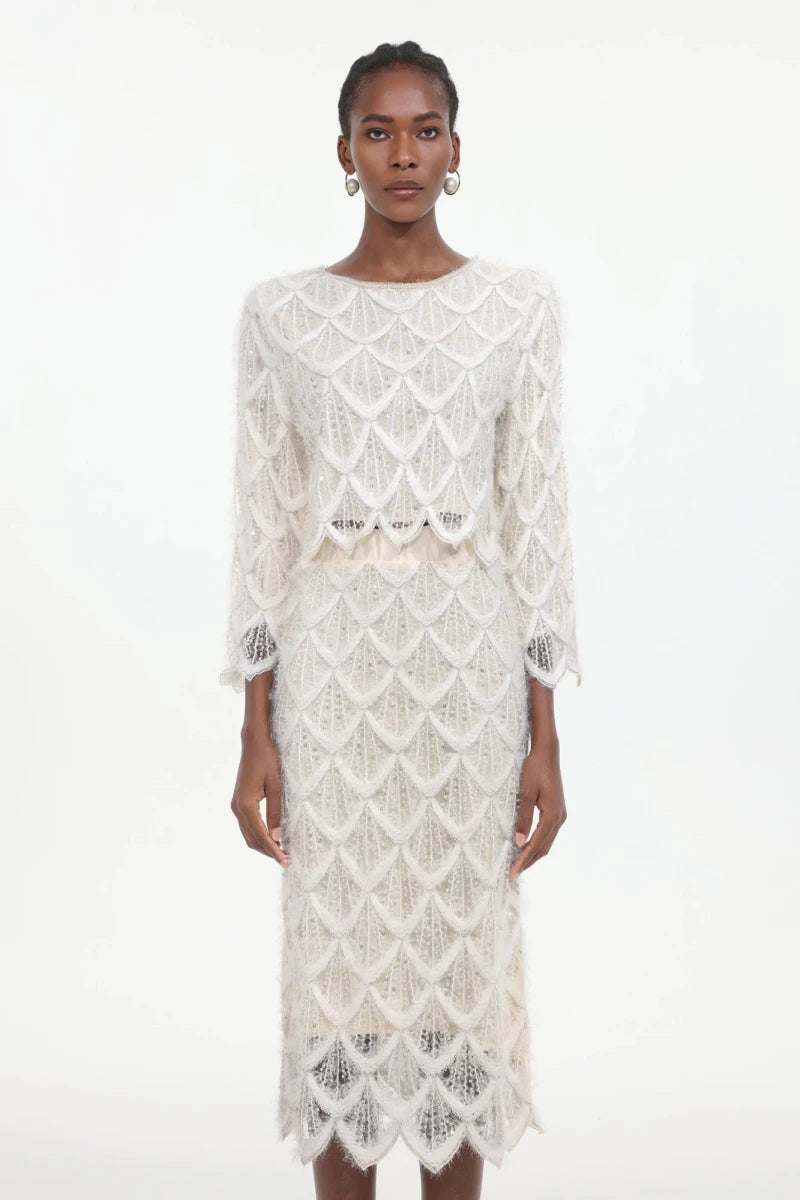 Beaded Lace Midi Dress and Jacket Set with Scalloped Detail