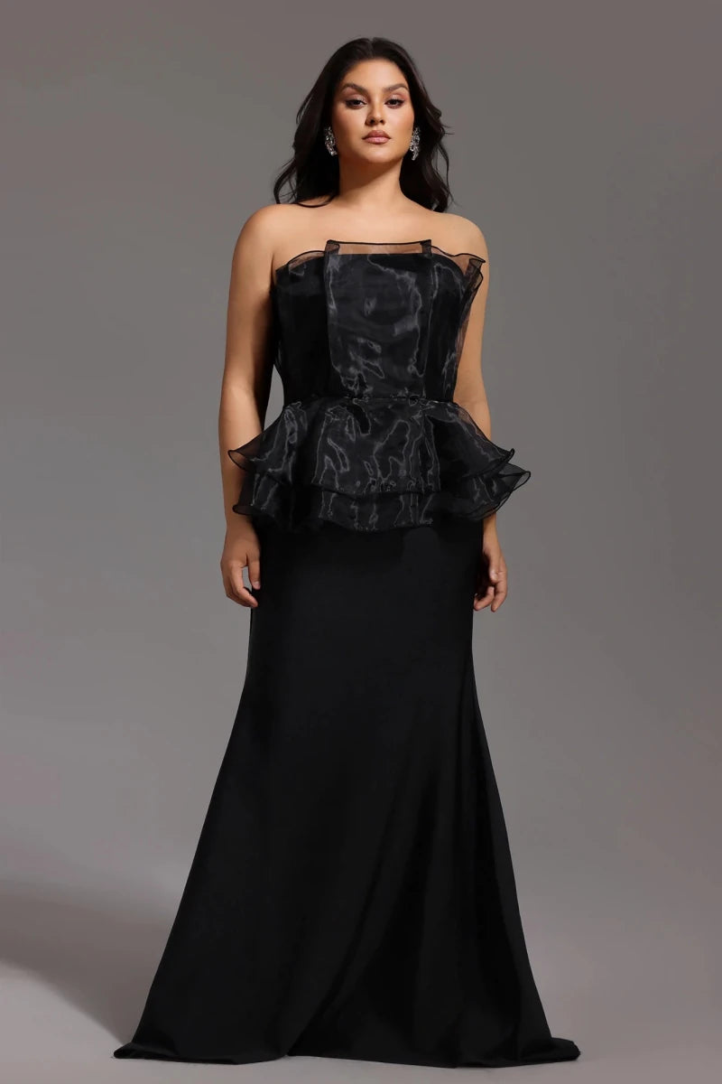Black Strapless Evening Gown with Organza Peplum and Full Length Skirt Rebecca James Boutique | Rebecca James (formerly Curvy Chic Boutique) Belfast