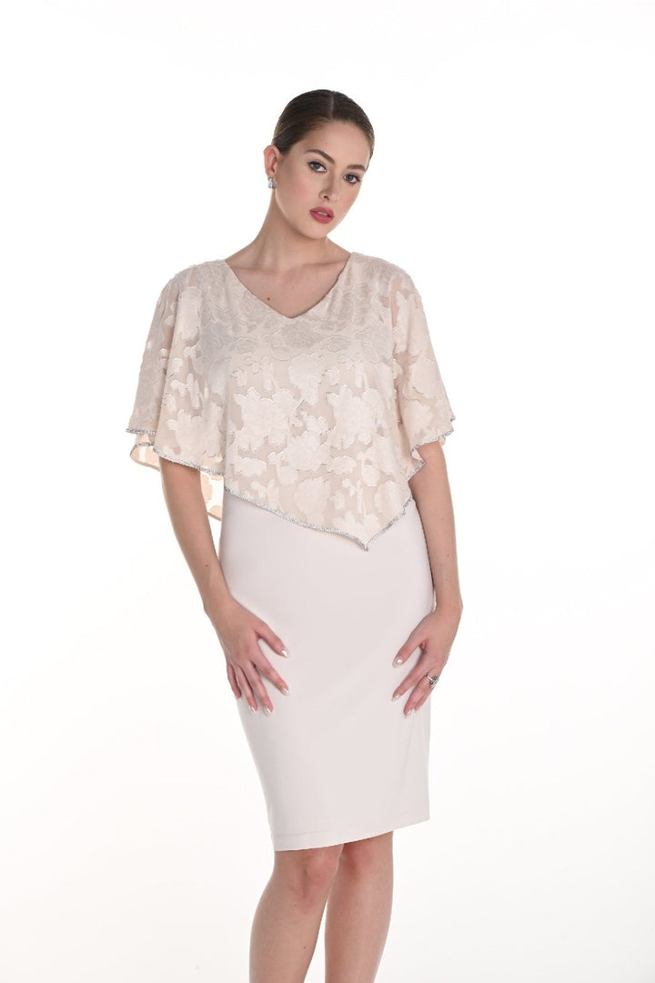 Cream Knee - Length Dress with Floral Shawl Overlay | Frank Lyman - Curvy Chic Boutique