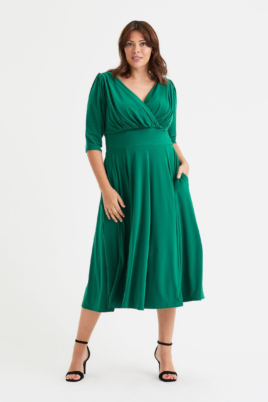 Helena Wrap Style Emerald Green Midi Dress | Scarlett & Jo - Curvy Chic Boutique