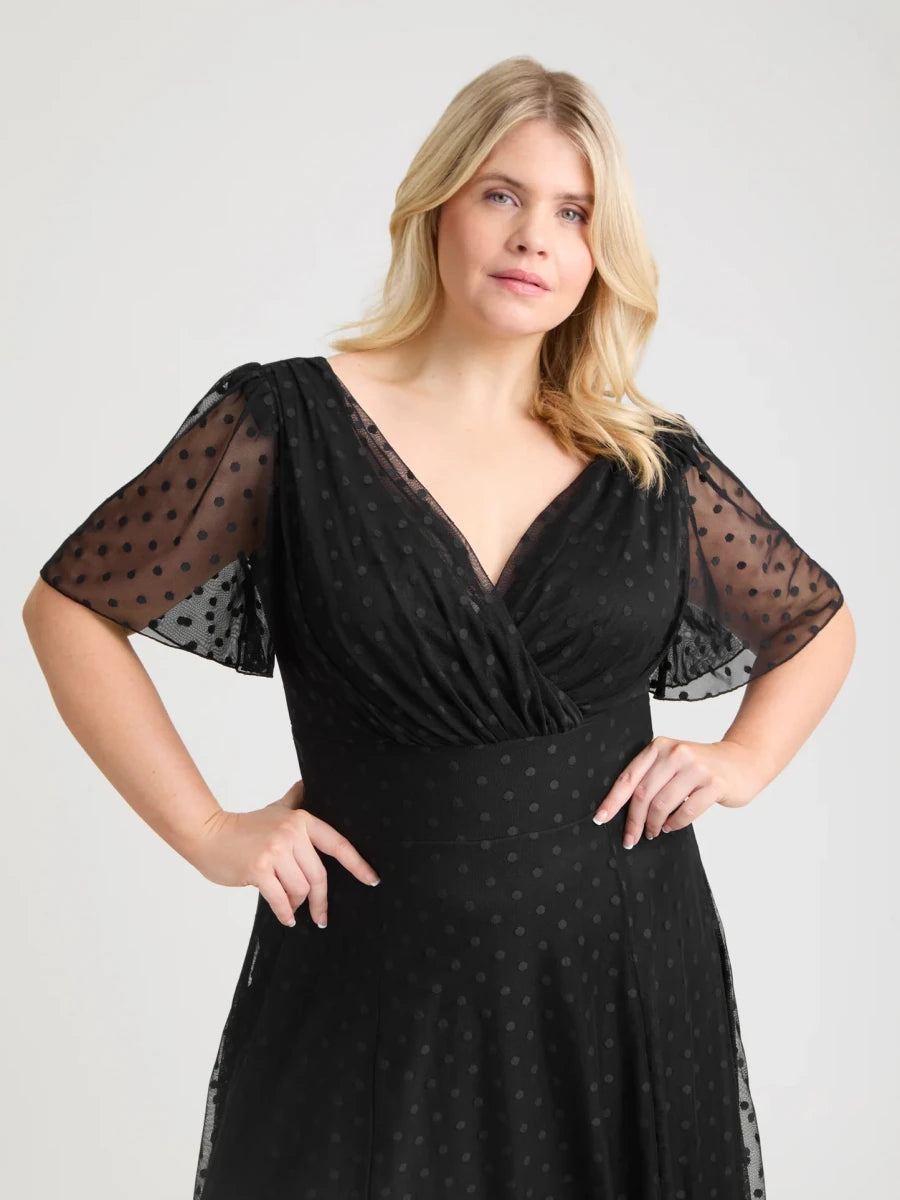 Isabelle Angel Sleeve Maxi Dress Black Dobby Spot Scarlet &amp; Jo Scarlett &amp; Jo | Rebecca James (formerly Curvy Chic Boutique) Belfast