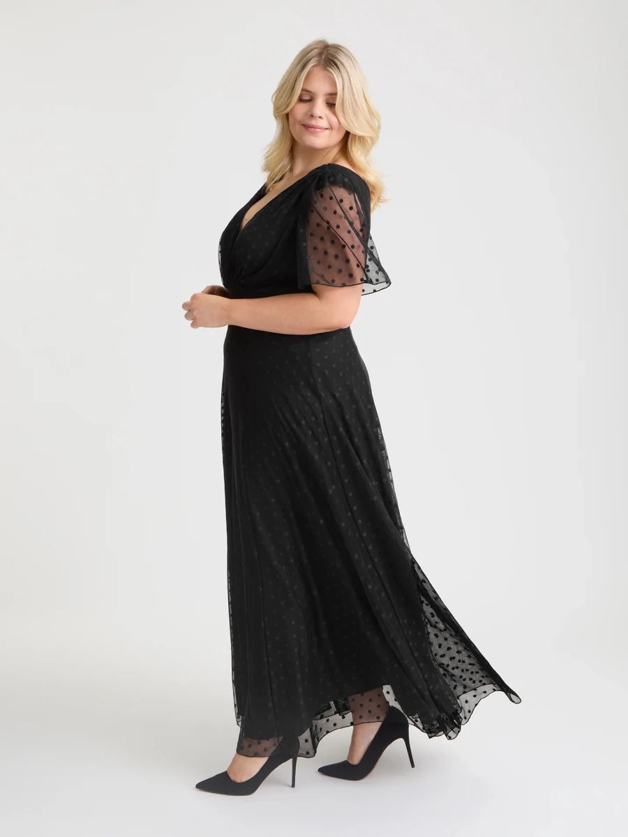 Isabelle Angel Sleeve Maxi Dress Black Dobby Spot Scarlet & Jo Scarlett & Jo | Rebecca James (formerly Curvy Chic Boutique) Belfast