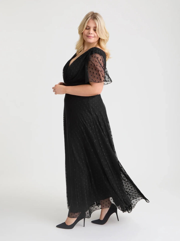 Isabelle Angel Sleeve Maxi Dress Black Dobby Spot Scarlet &amp; Jo Scarlett &amp; Jo | Rebecca James (formerly Curvy Chic Boutique) Belfast