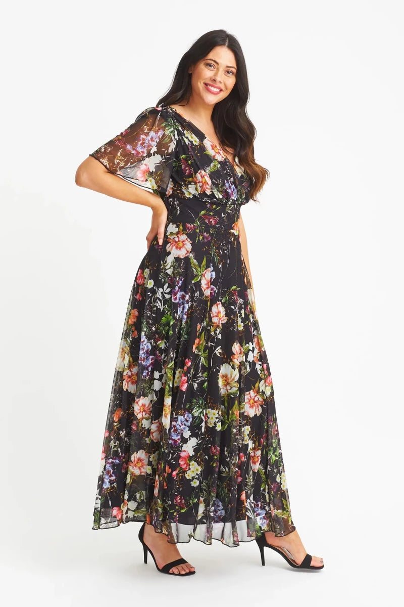 Isabelle Black Terra Floral Float Sleeve Maxi Dress by Scarlett &amp; Jo Scarlett &amp; Jo | Rebecca James (formerly Curvy Chic Boutique) Belfast