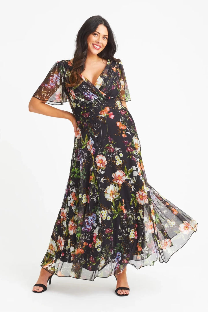 Isabelle Black Terra floral float sleeve maxi dress by Scarlett &amp; Jo featuring a wrap V-neckline, defined waist and colourful floral print.