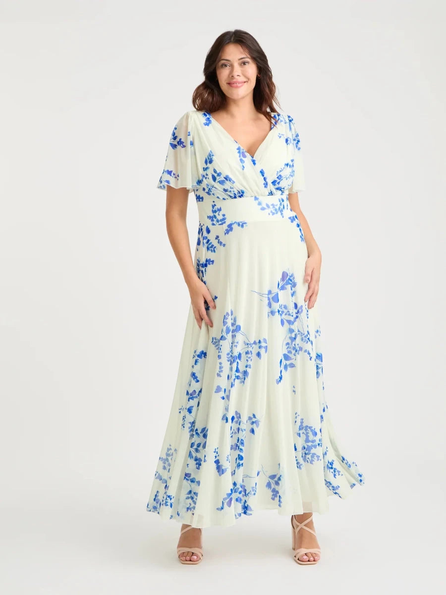 Isabelle Ivory Azure Blue floral maxi dress by Scarlett &amp; Jo featuring a wrap V-neckline, defined waist and floaty angel sleeves.