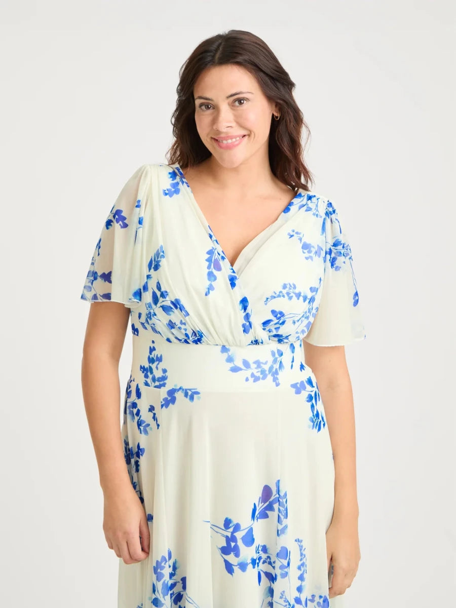 Isabelle Ivory Azure Blue Floral Angel Sleeve Maxi Dress by Scarlett &amp; Jo Scarlett &amp; Jo | Rebecca James (formerly Curvy Chic Boutique) Belfast