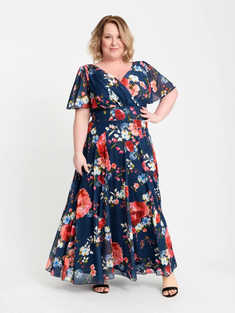 Isabelle Navy Red Multi floral maxi dress by Scarlett &amp; Jo featuring a wrap V-neckline, sheer angel sleeves and a flowing floral skirt.