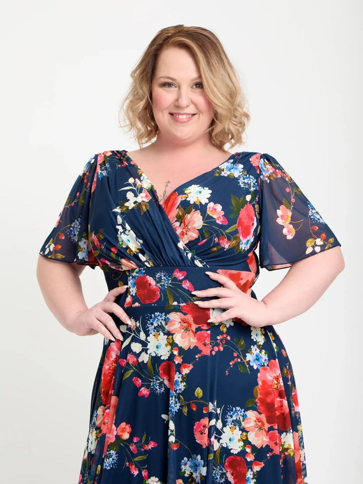 Isabelle Navy Red Multi Floral Angel Sleeve Maxi Dress by Scarlett &amp; Jo Scarlett &amp; Jo | Rebecca James (formerly Curvy Chic Boutique) Belfast
