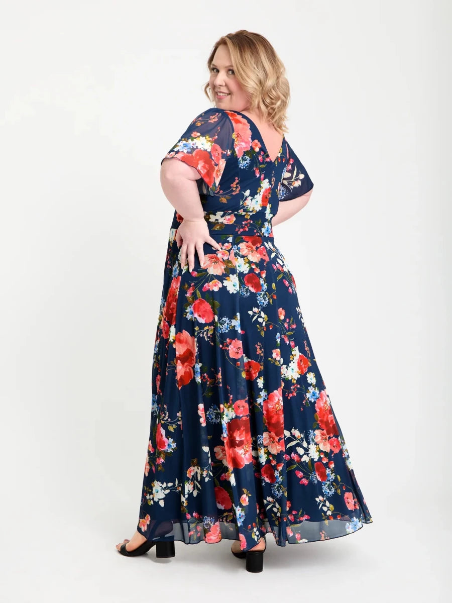 Back and side view of Scarlett & Jo Isabelle Navy Red Multi maxi dress showing the V-shaped back, floral angel sleeves and flared skirt.