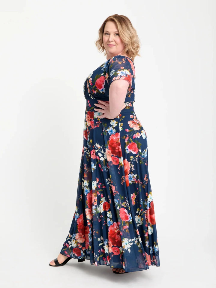 Isabelle Navy Red Multi Floral Angel Sleeve Maxi Dress by Scarlett &amp; Jo Scarlett &amp; Jo | Rebecca James (formerly Curvy Chic Boutique) Belfast