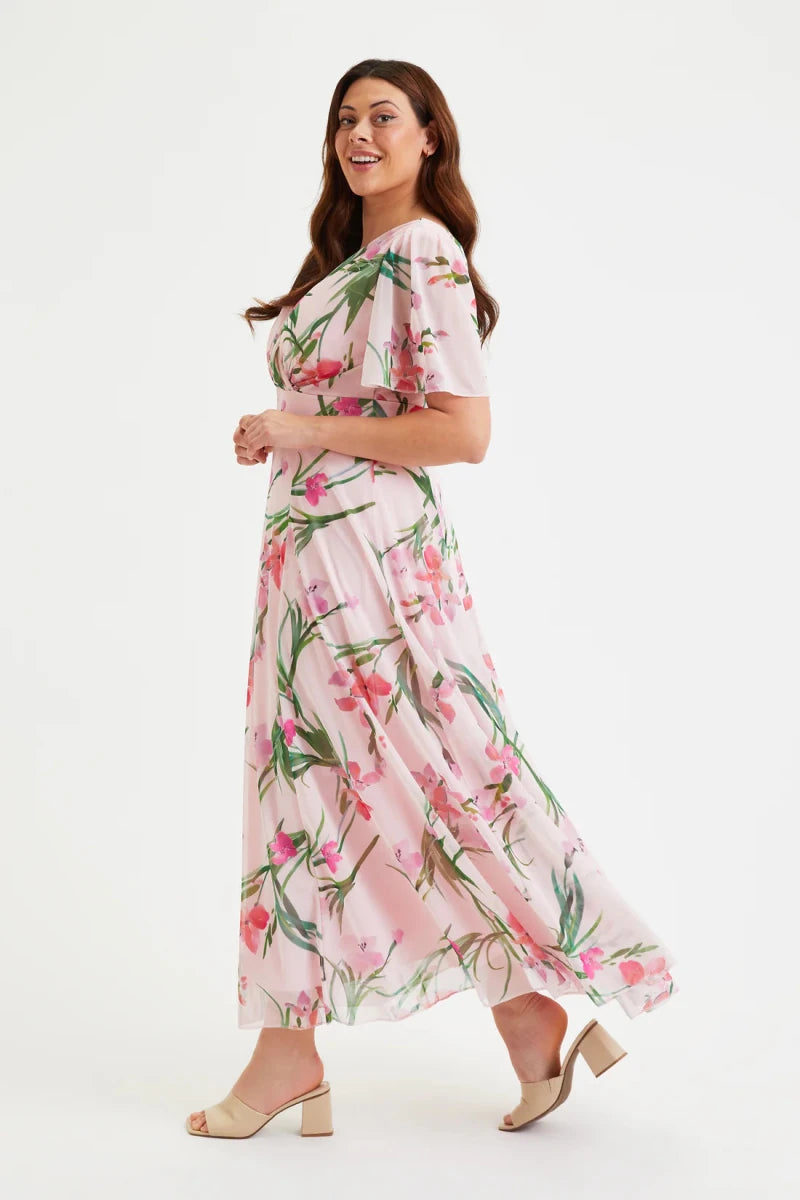 Isabelle Pink Floral Angel Sleeve Maxi Dress by Scarlett &amp; Jo Scarlett &amp; Jo | Rebecca James (formerly Curvy Chic Boutique) Belfast