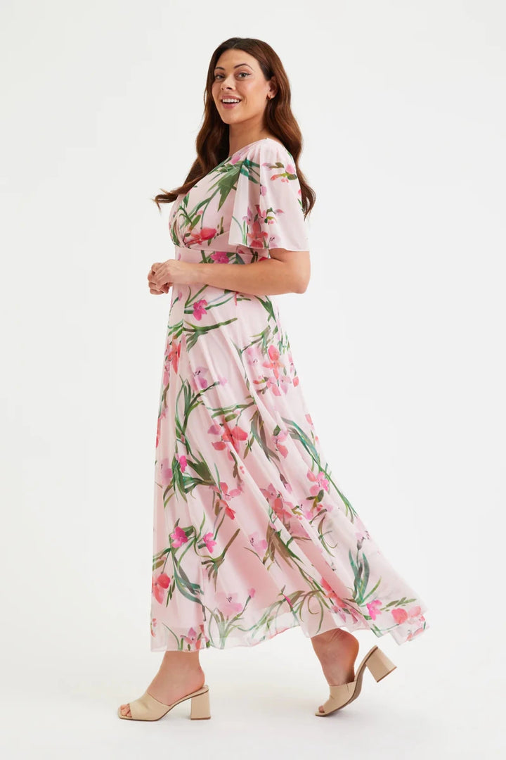 Isabelle Pink Floral Angel Sleeve Maxi Dress by Scarlett &amp; Jo Scarlett &amp; Jo | Rebecca James (formerly Curvy Chic Boutique) Belfast