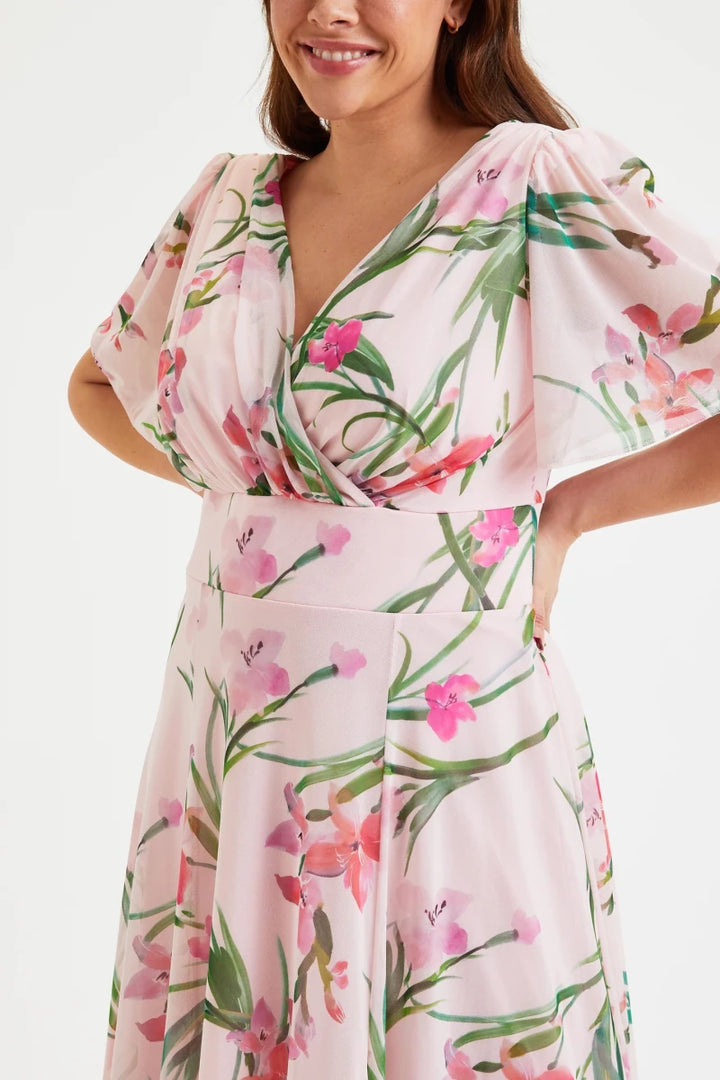 Isabelle Pink Floral Angel Sleeve Maxi Dress by Scarlett &amp; Jo Scarlett &amp; Jo | Rebecca James (formerly Curvy Chic Boutique) Belfast