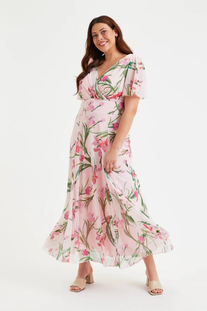 Isabelle Pink Floral Angel Sleeve Maxi Dress by Scarlett &amp; Jo featuring a wrap V-neckline, floaty sleeves and flowing pink botanical skirt.