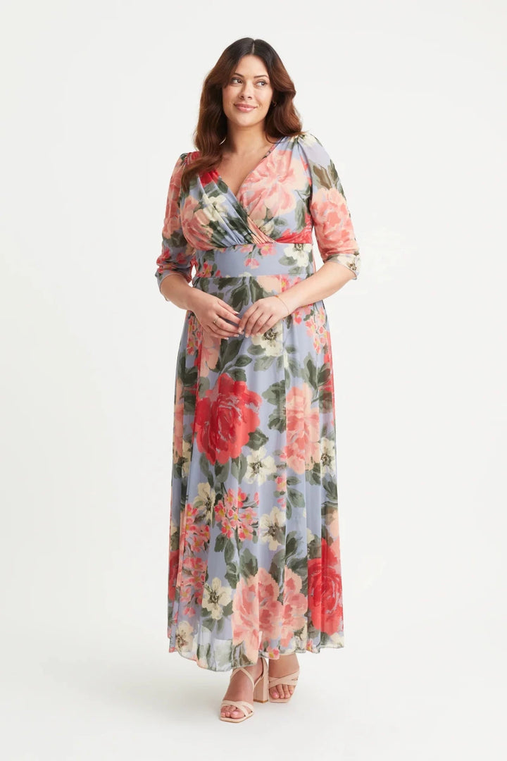 Isabelle Silver Blue Floral Maxi Dress by Scarlett &amp; Jo featuring a wrap V-neckline, three-quarter sleeves and flowing floral skirt.