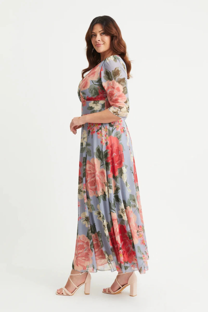 Isabelle Silver Blue Floral Angel Sleeve Maxi Dress by Scarlett &amp; Jo Scarlett &amp; Jo | Rebecca James (formerly Curvy Chic Boutique) Belfast