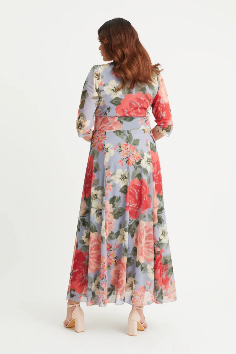 Back view of Scarlett &amp; Jo Isabelle Silver Blue Floral Maxi Dress showing the floral three-quarter sleeves, defined waist and flowing skirt.