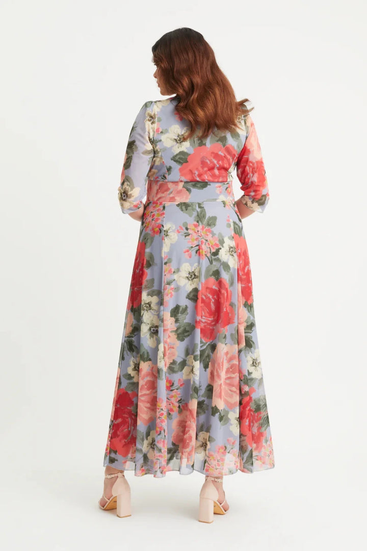 Back view of Scarlett &amp; Jo Isabelle Silver Blue Floral Maxi Dress showing the floral three-quarter sleeves, defined waist and flowing skirt.