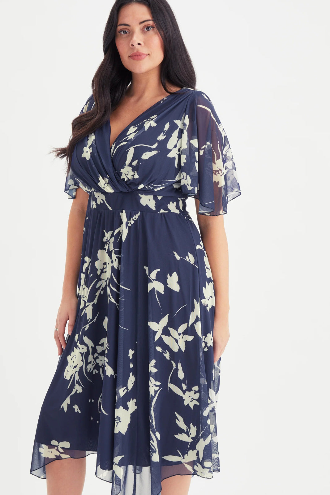 Julie Blue Cream Floral Hanky Hem Midi Dress | Scarlett &amp; Jo - Curvy Chic Boutique