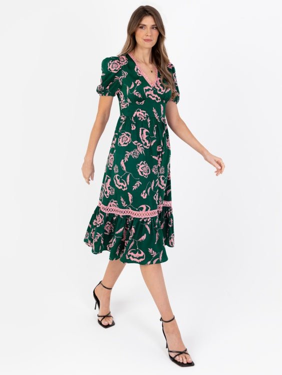 Lovedrobe Green & Pink Floral Midi Dress with Lace Trim - Curvy Chic Boutique