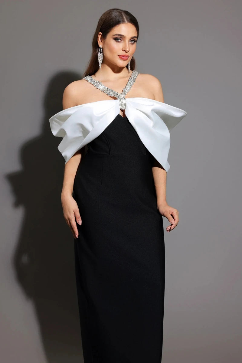 Black Column Dress with Bardot Ivory Bow Detail