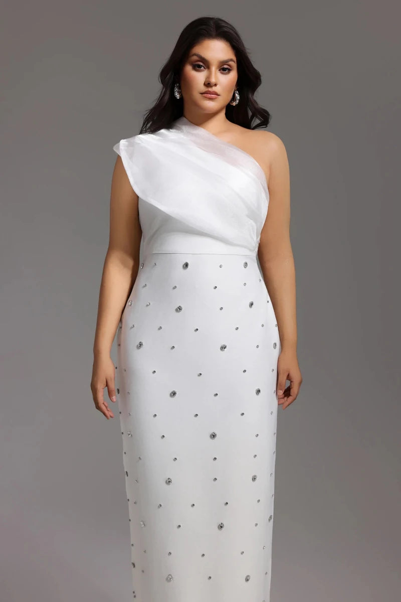White One Shoulder Midi Dress with Embellishment