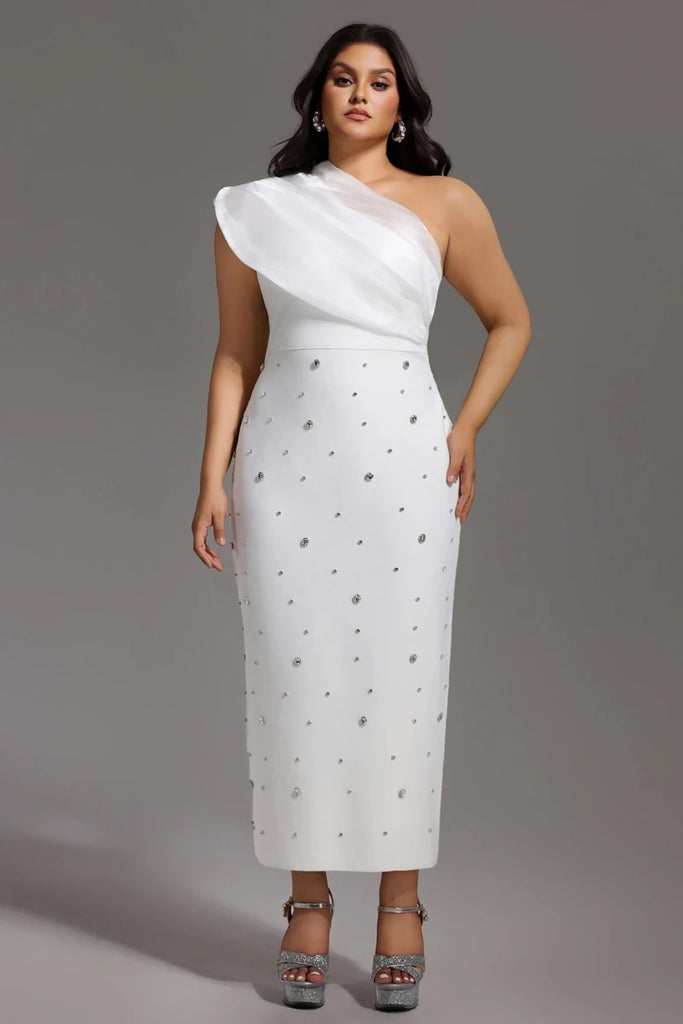White One Shoulder Midi Dress with Embellishment