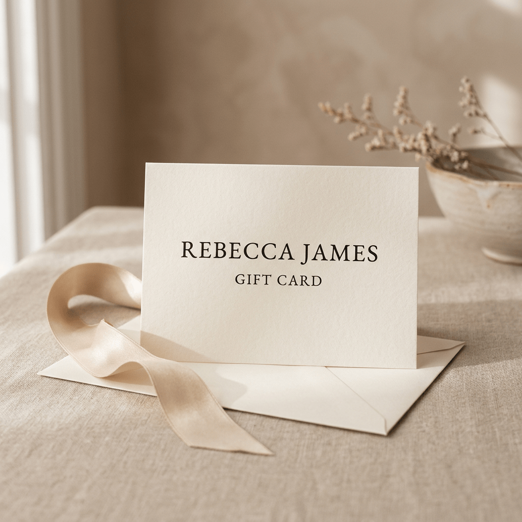 Rebecca James Gift Card in ivory with a champagne ribbon