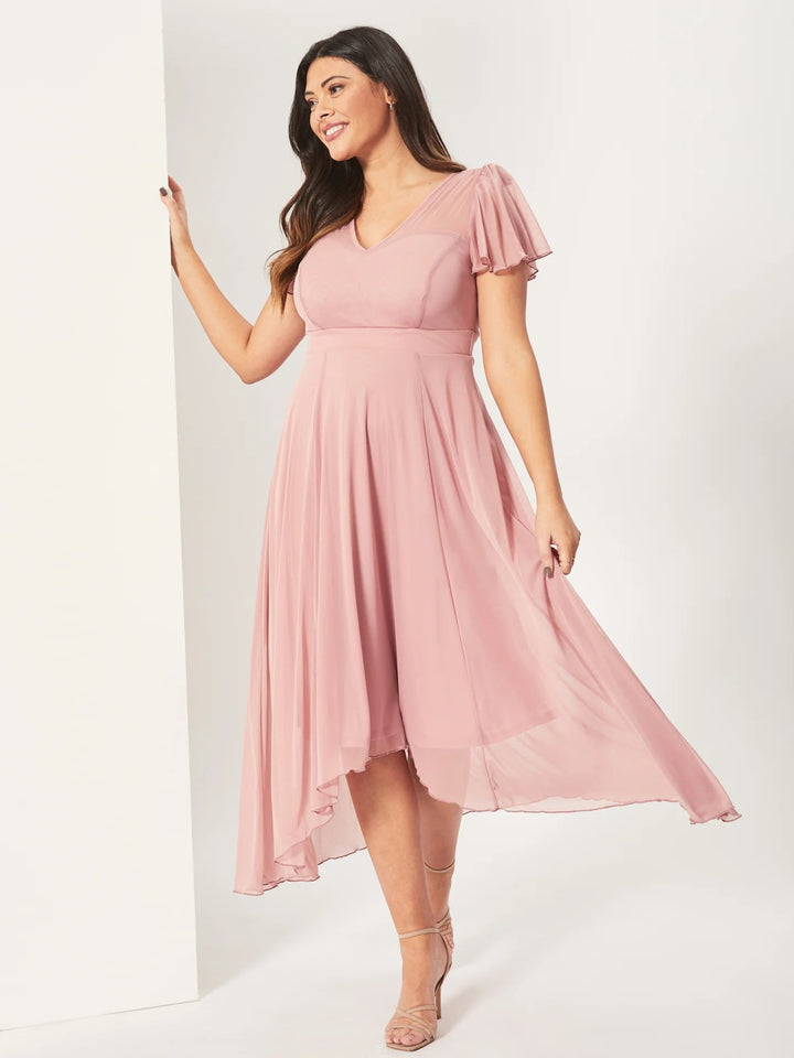 Tilly Blush Pink Angel Sleeve Midi Dress | Scarlett &amp; Jo - Curvy Chic Boutique