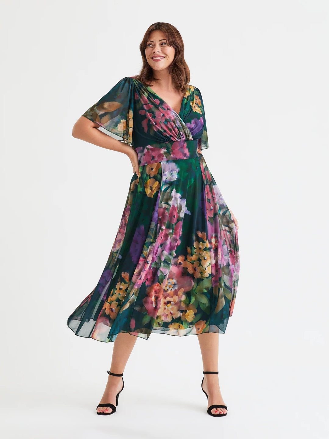 Victoria Green Multi Angel Sleeve Mesh Long Midi Dress - Curvy Chic Boutique