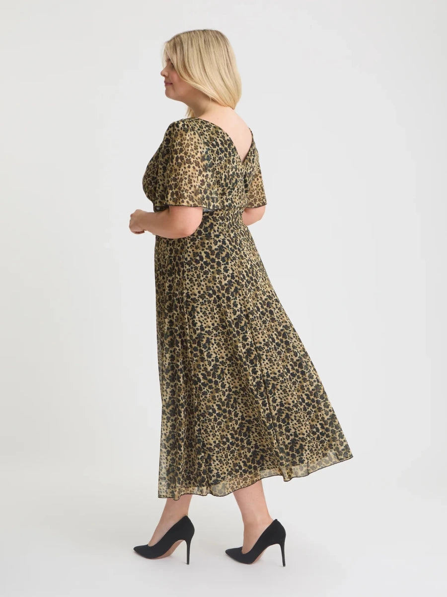 Back and side view of Scarlett &amp; Jo Victoria Leopard Print Midi Dress showing the V-shaped back, sheer angel sleeves and flowing leopard skirt.