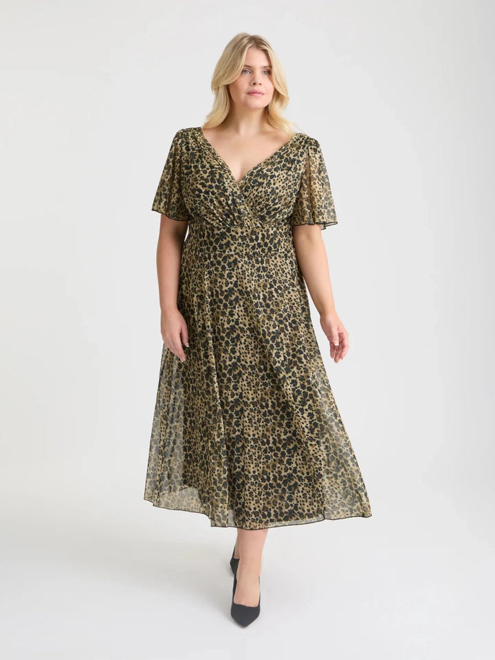 Victoria Leopard Print Long Midi Dress by Scarlett &amp; Jo featuring a wrap V-neckline, sheer angel sleeves and flattering flared skirt.