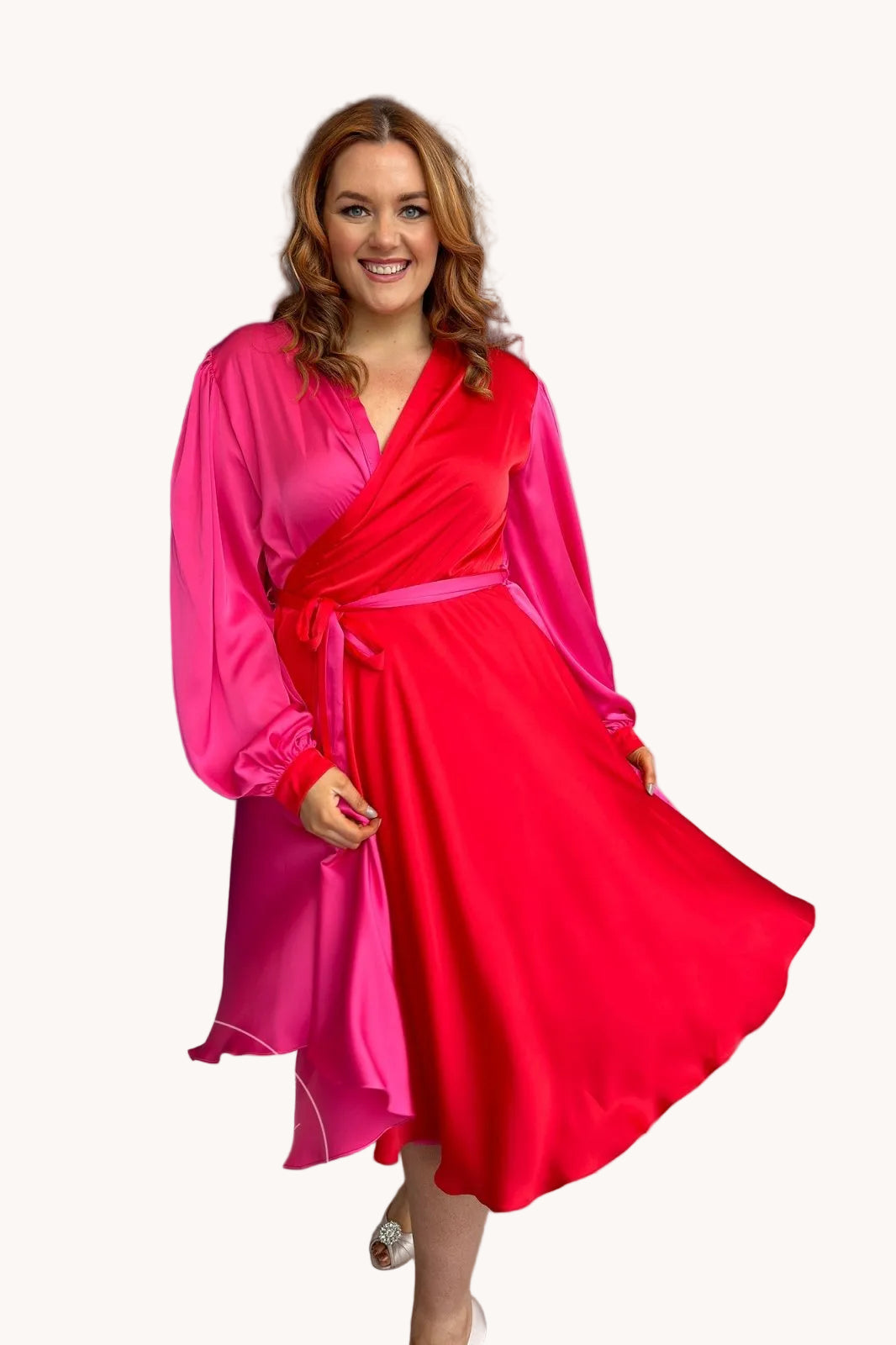 Pink + Red Long Sleeve Plus Size Satin Style Duo Colour Midi Wrap Dress