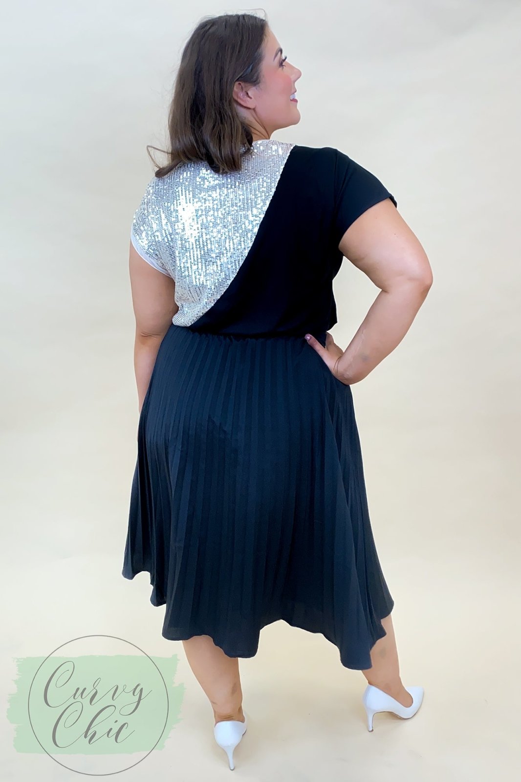 Black &amp; Champagne Half Sequin Plus Size Top - Curvy Chic Boutique