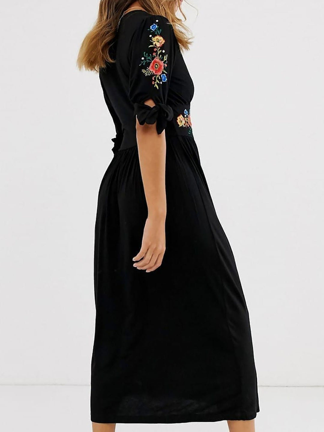 Black Plus Size Short Sleeve Button Down Floral Embroidered Dress - Curvy Chic Boutique