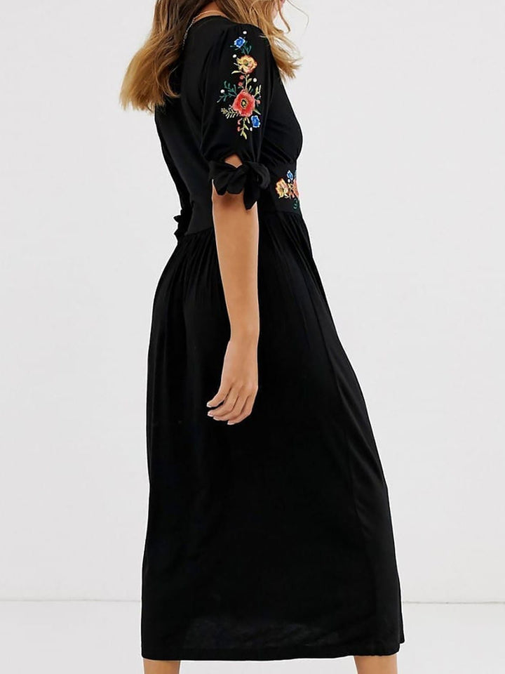 Black Plus Size Short Sleeve Button Down Floral Embroidered Dress - Curvy Chic Boutique