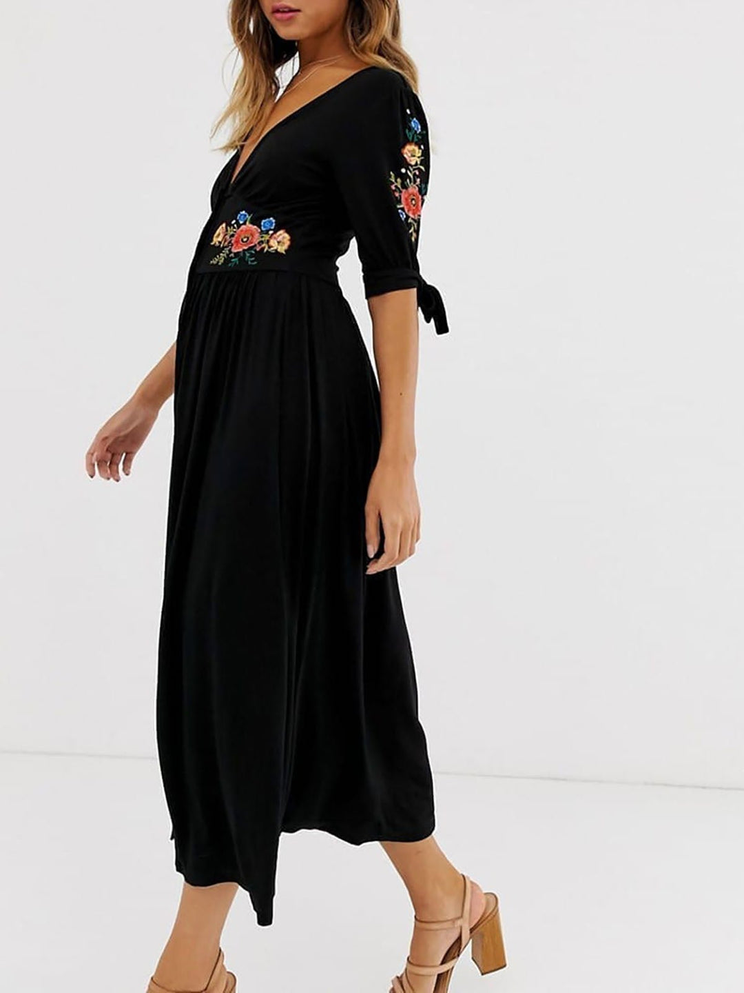 Black Plus Size Short Sleeve Button Down Floral Embroidered Dress - Curvy Chic Boutique