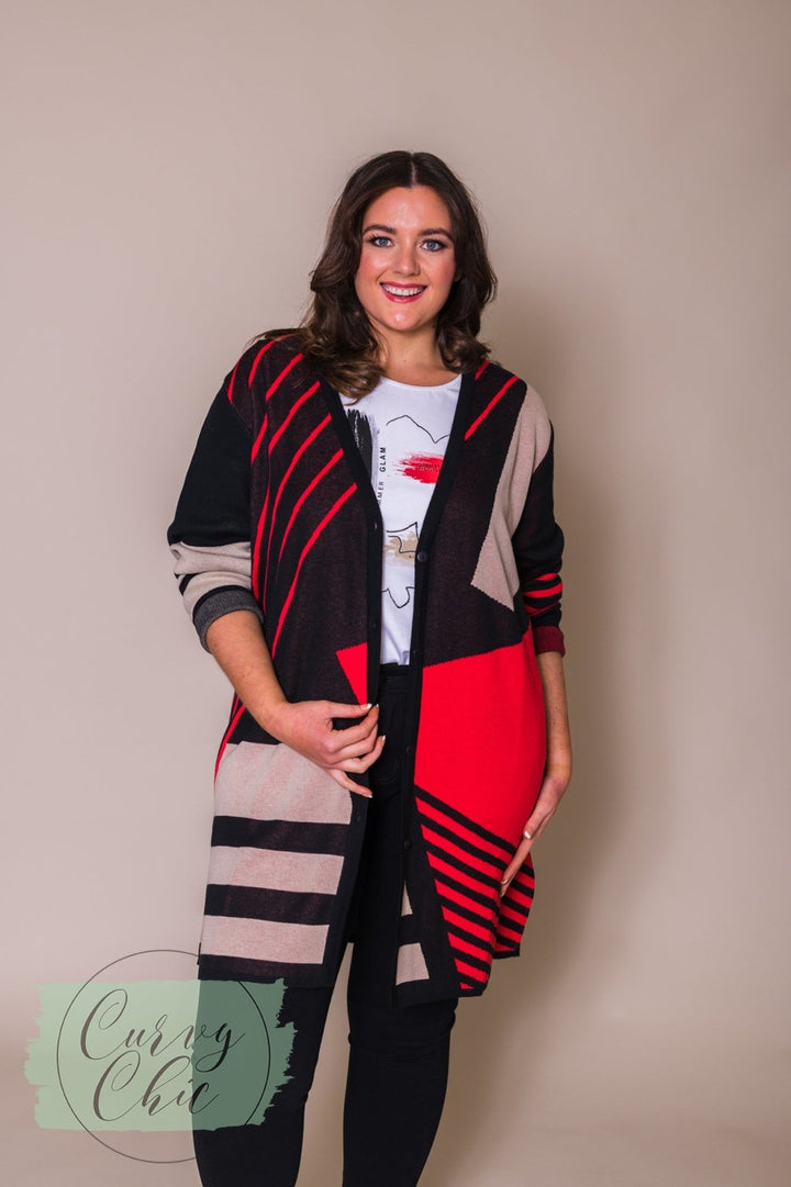 Black, Red &amp; Beige Long Cardigan - Curvy Chic Boutique