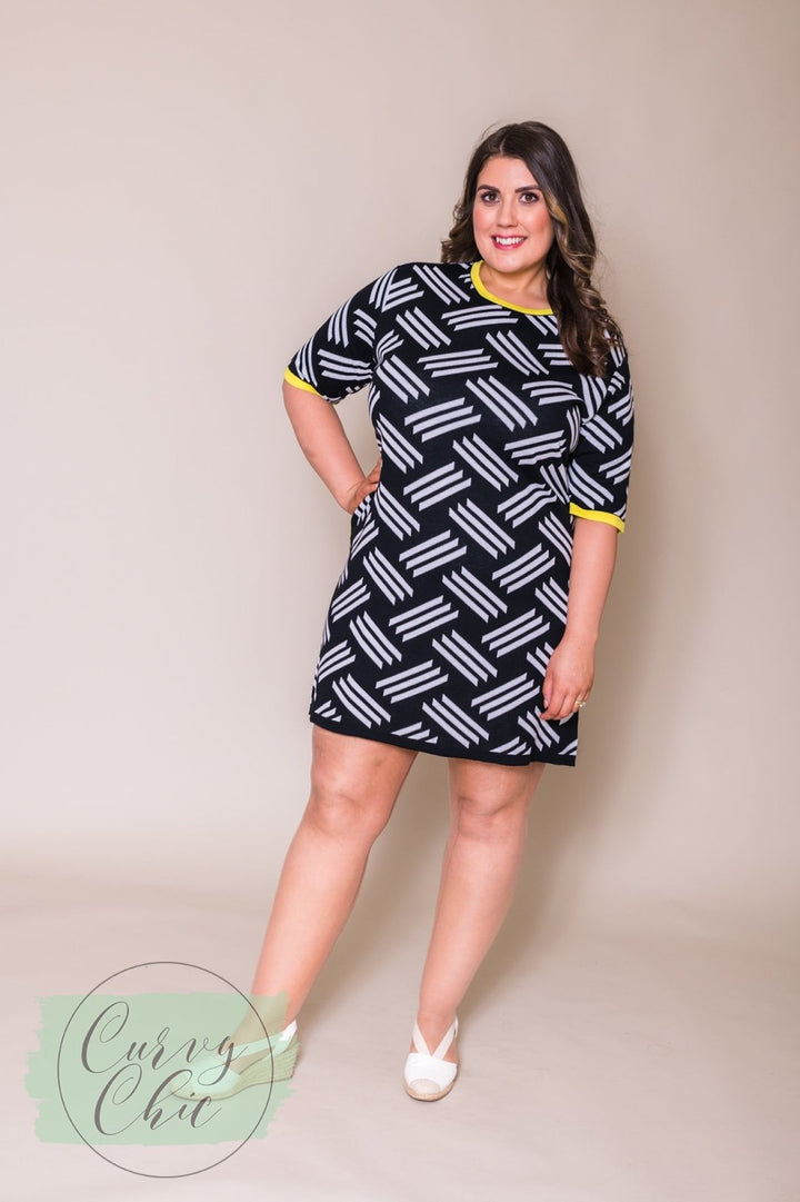 Black &amp; White short sleeved knitted plus size midi dress - Curvy Chic Boutique
