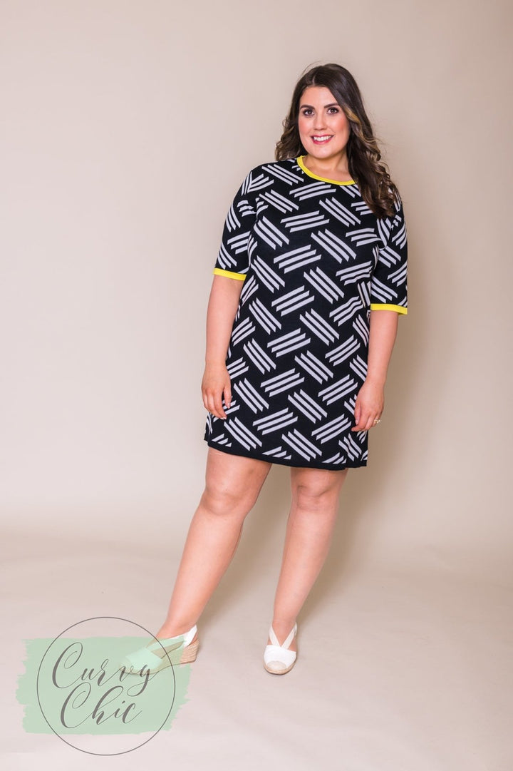 Black &amp; White short sleeved knitted plus size midi dress - Curvy Chic Boutique