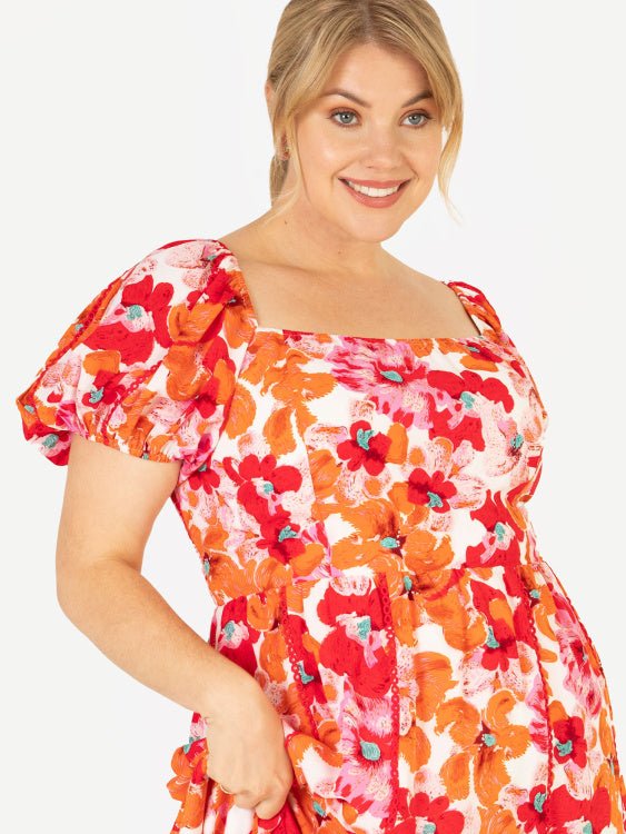 Lovedrobe Luxe Plus Size Square Neck Red & Orange Floral Lace Maxi Dress - Curvy Chic Boutique