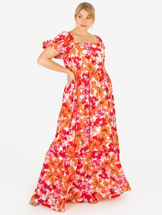 Lovedrobe Luxe Plus Size Square Neck Red &amp; Orange Floral Lace Maxi Dress - Curvy Chic Boutique