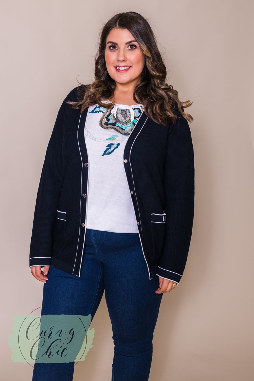 Navy & White Cardigan with Pockets - Curvy Chic Boutique