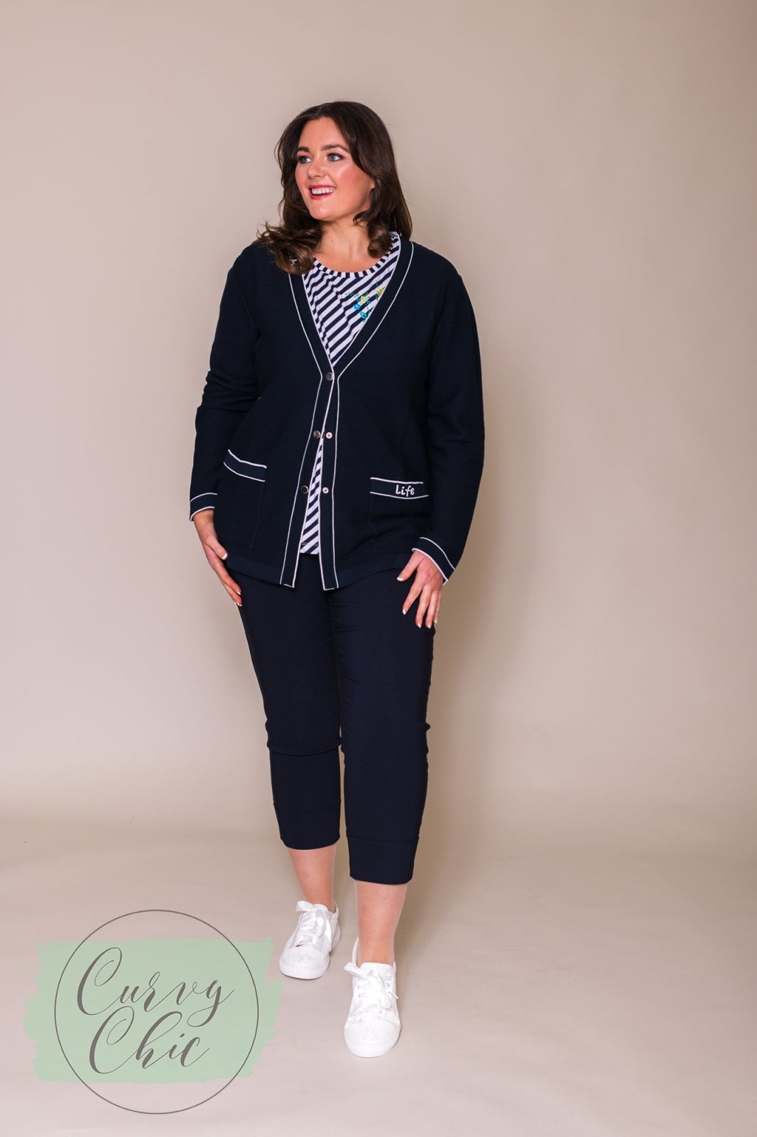 Navy &amp; White Cardigan with Pockets - Curvy Chic Boutique