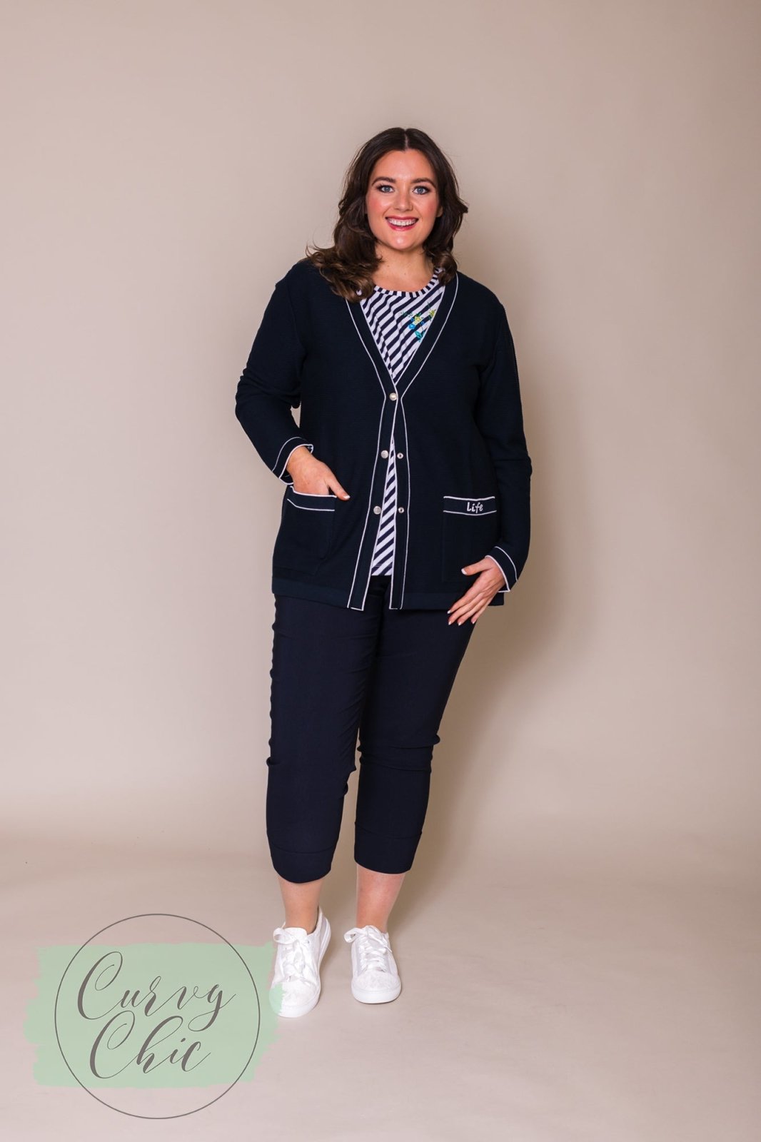 Navy &amp; White Cardigan with Pockets - Curvy Chic Boutique