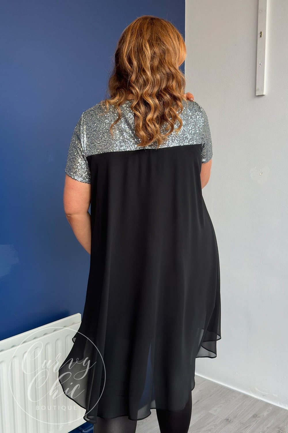 Plus Size Black Chiffon & Silver Sequin Long Top - Curvy Chic Boutique