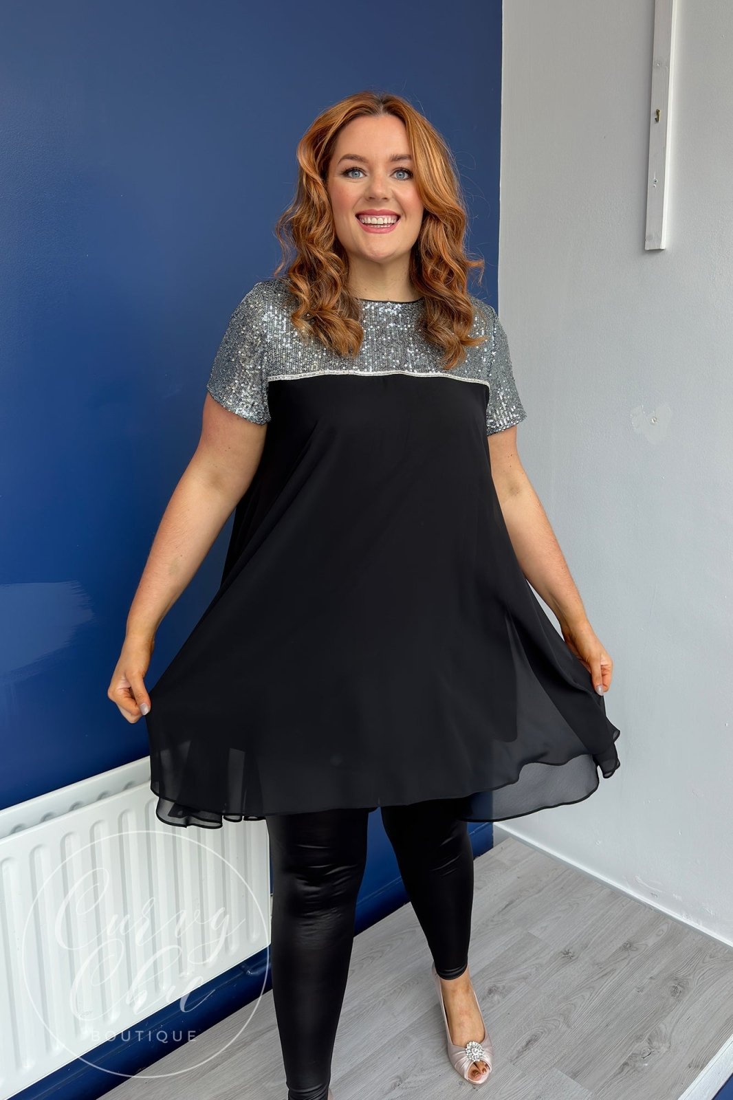 Plus Size Black Chiffon &amp; Silver Sequin Long Top - Curvy Chic Boutique